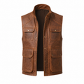 Men's Brown Leather Vest Casual Utility Outdoor Slim Fit Style Motorcycle Waistcoat Vest