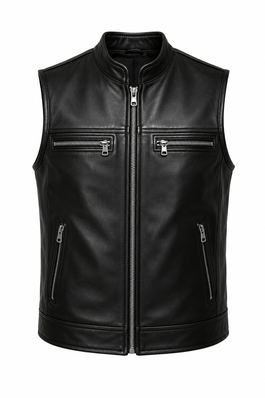 Men's Black Leather Vest Motorcycle Club Style Zipper Slim Fit Streetwear Sleeveless Vest